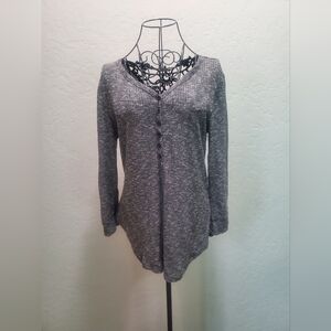 Black/Gray Heather Top with Vneck, button front & black lace insert on backside.